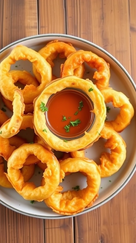 Crispy baked onion rings on a plate with dipping sauce and parsley garnish.